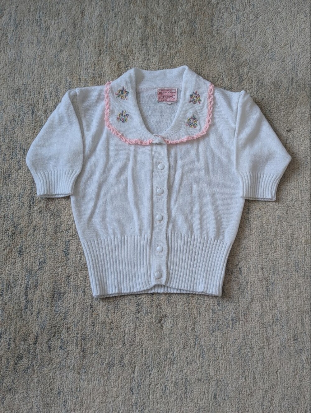 Vintage White Knit Cardigan with Pink Trim and Floral Embroidery